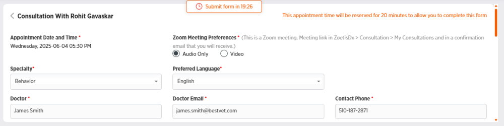 Consultation information form with doctor's name and appointment time in upper-left