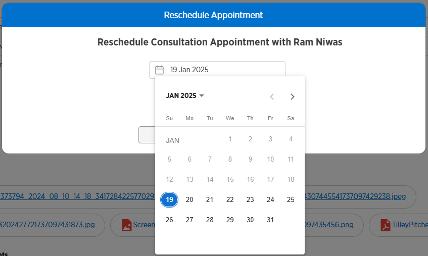 Reschedule appointment screen with calendar shown