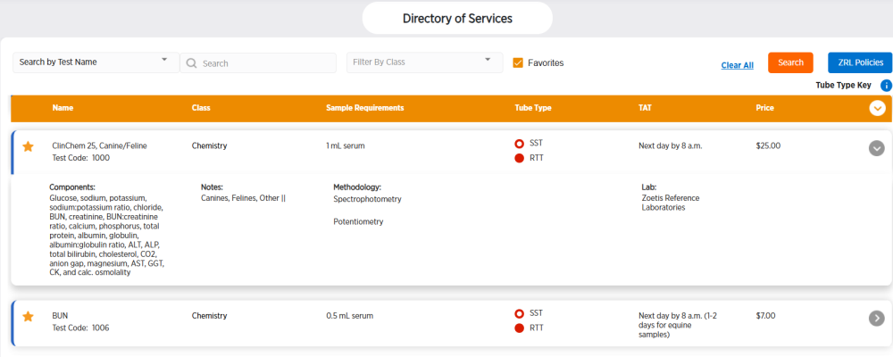Directory of Services page with details for a test shown