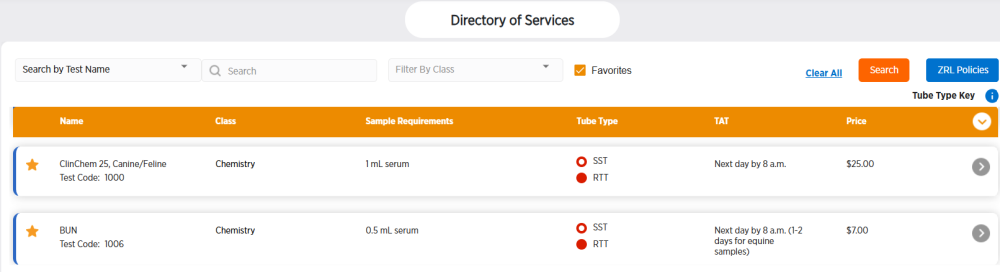 Directory of Services page with favorites box checked
