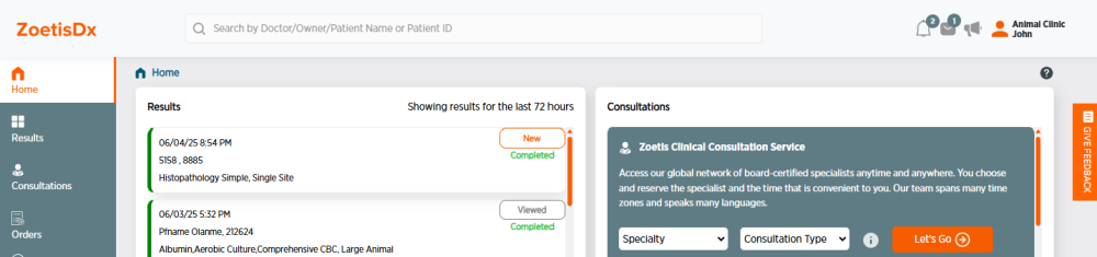 Home page with Give Feedback button shown on right side