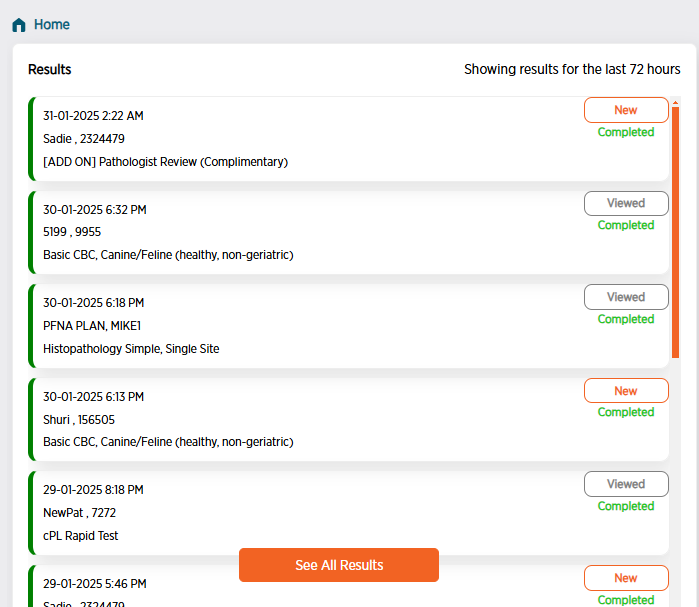 Results section of home page