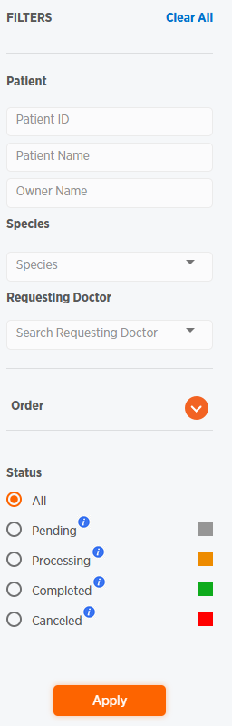 Filter section of Orders page