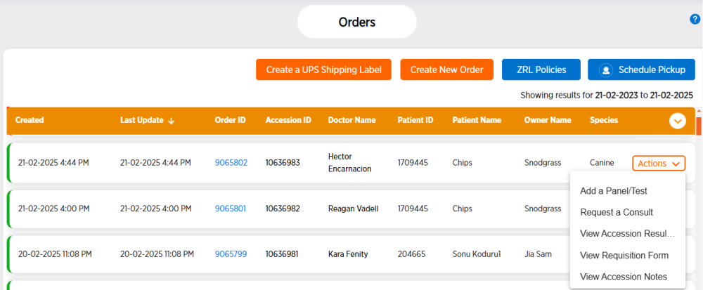 Orders page with action menu displayed for an order
