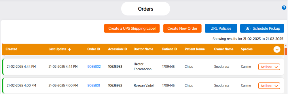 Orders page
