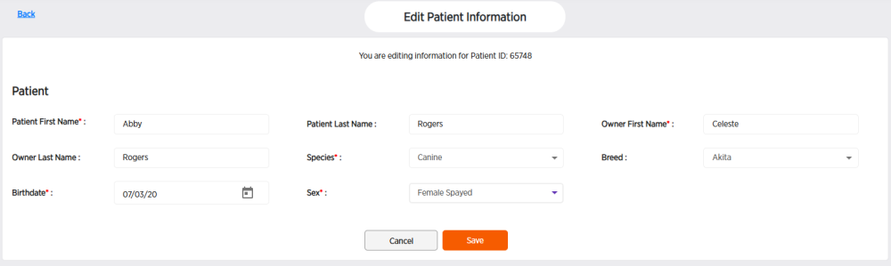 Edit patient information screen
