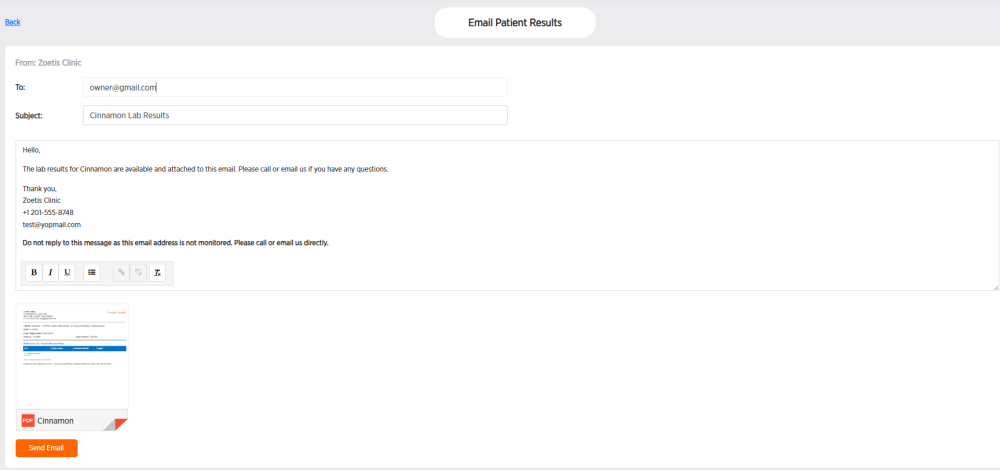 Enter email information with results attached screen