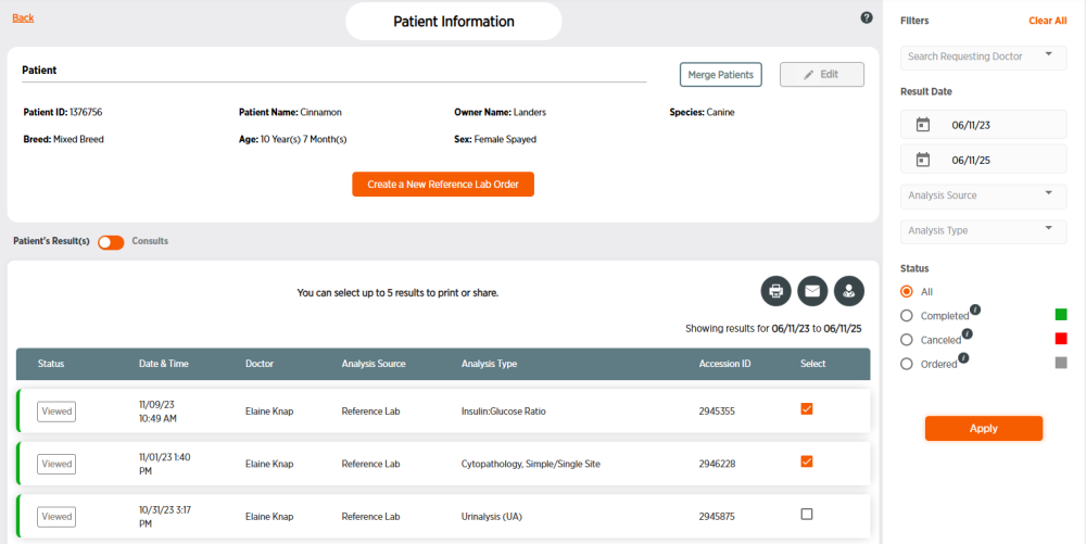 Patient information with results checked