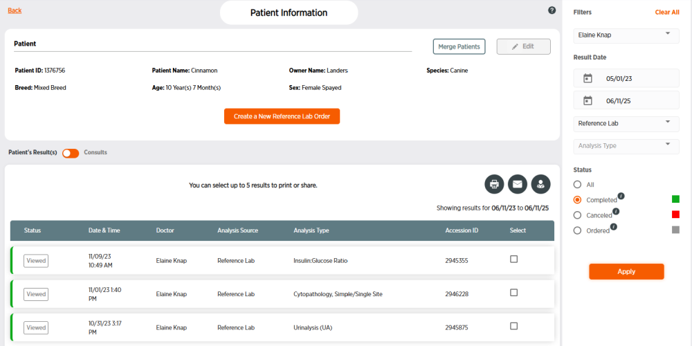 Patient information screen with filters seciton on right