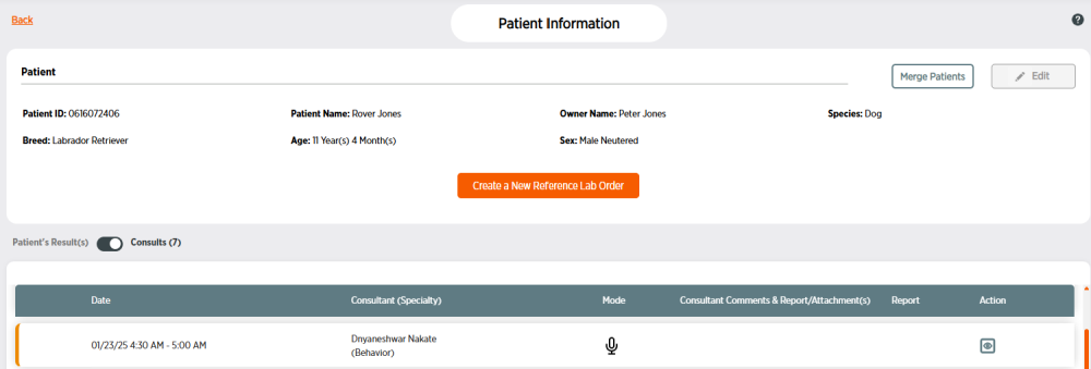 Patient information with consultations displayed