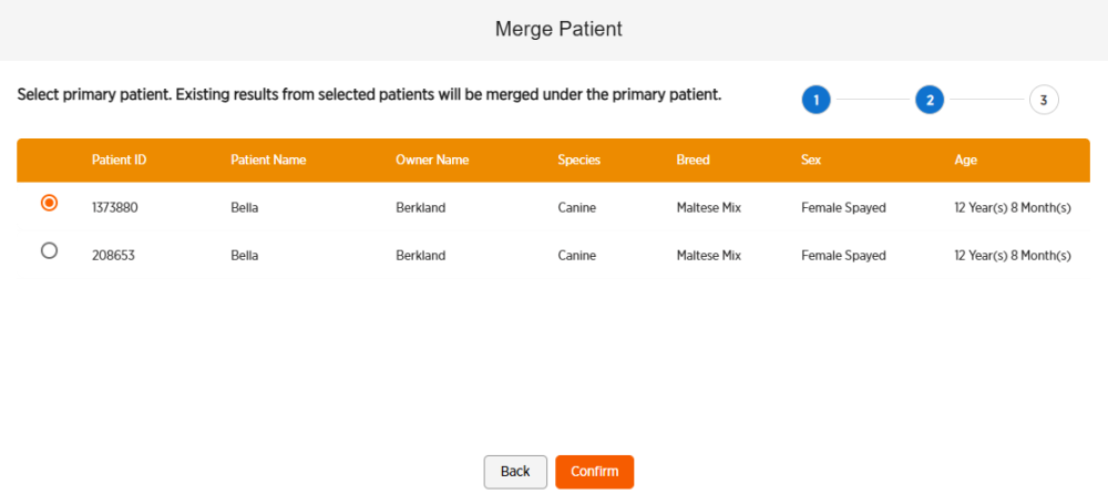 Primary patient being selected using a radio button