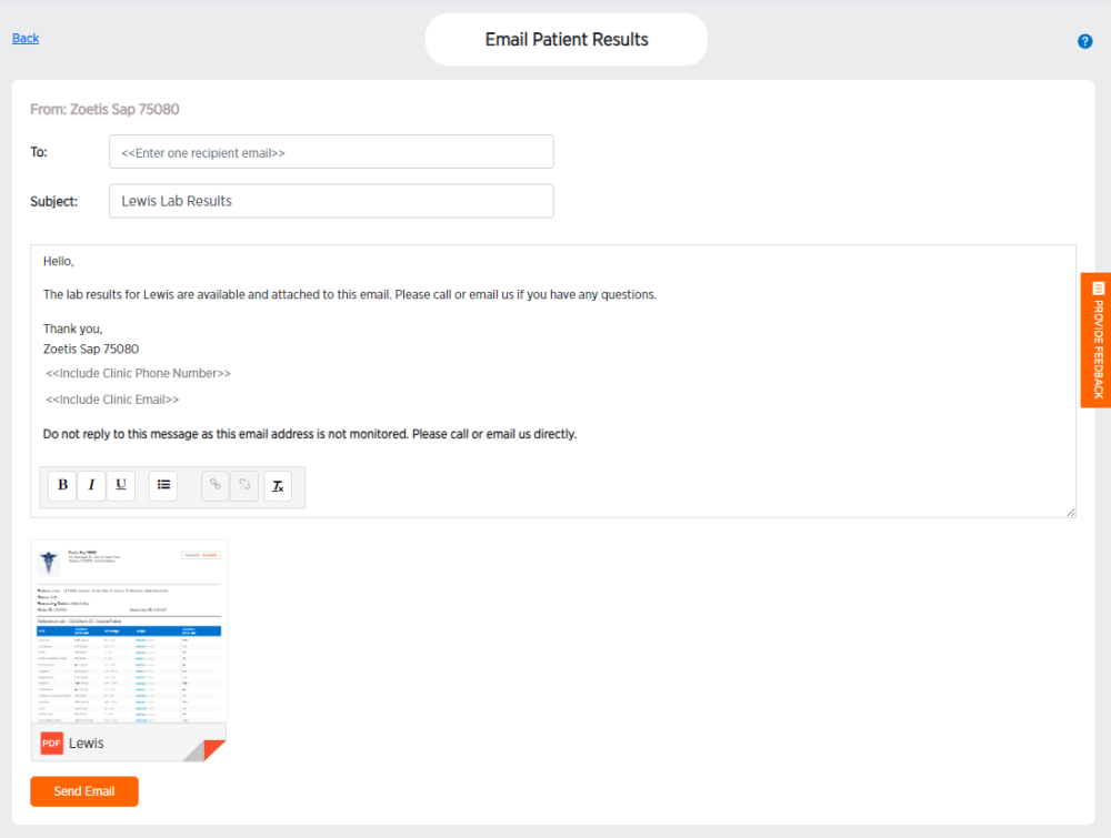 Email patient results screen