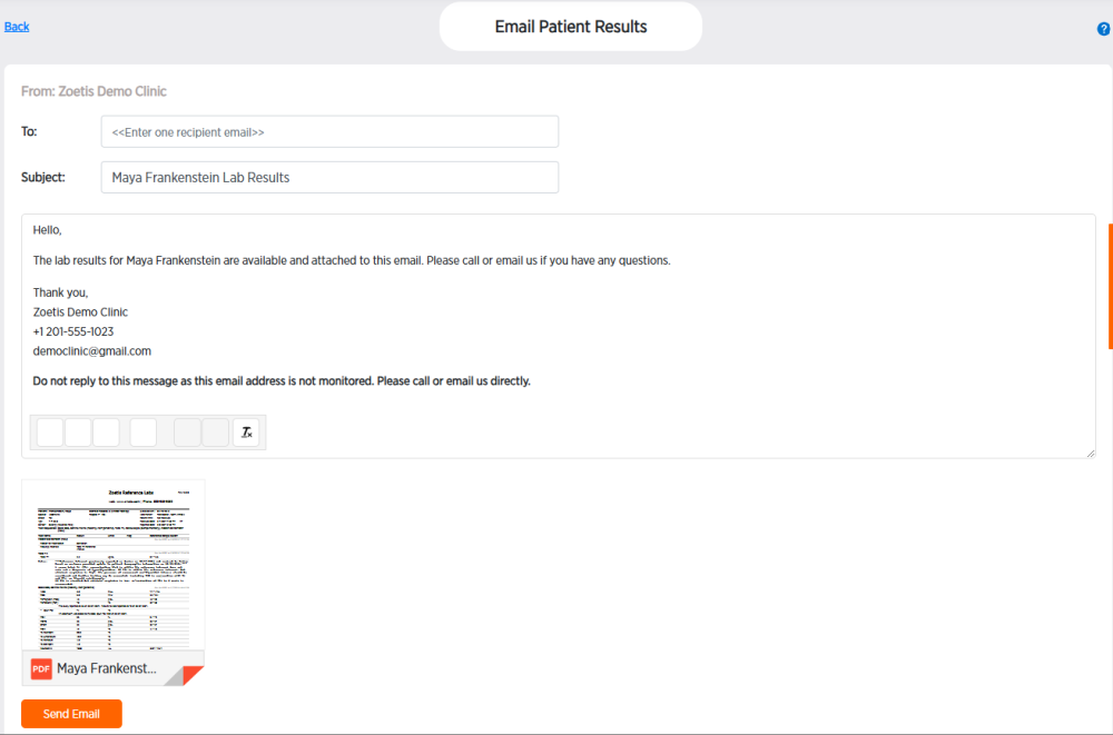 Email patient results screen with Zoetis Reference Labs report attached